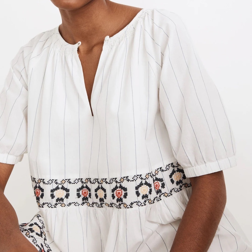 Madewell Embroidered Keyhole Tiered Midi Dress in Stripe - Picture 3 of 10